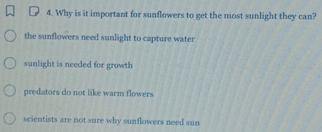 Why is it important for sunflowers to get the most sunlight they can?
the sunflowers need sunlight to capture water
sunlight is needed for growth
predators do not like warm flowers
scientists are not sure why sunflowers need sun