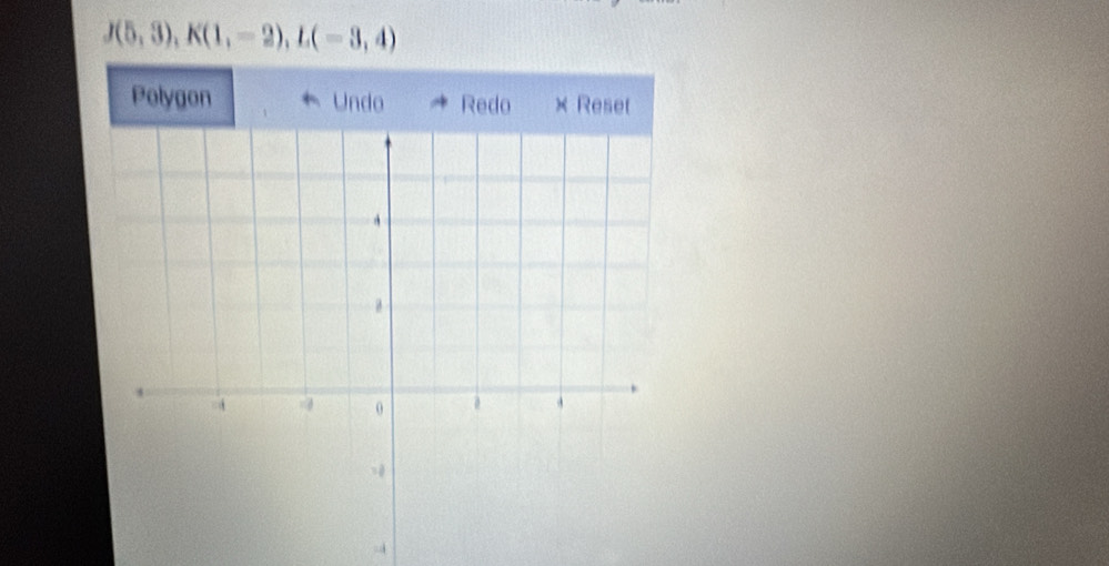 J(5,3), K(1,-2), L(-3,4)
Polygon Undo Redo × Reset 
-