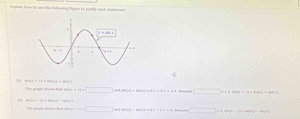 Explain how to use the following figure to justify each statement.
(a) sin (u+v)!= sin (u)+sin (v)
The graph shows that sin (u+v)approx □ and sin (u)+sin (v)approx 0.7+0.7=1.4. Because □ != 1.4,sin (u+v)!= sin (u)+sin (v).
(b) sin (u-v)!= sin (u)-sin (v)
The graph shows that sin (u-v)approx □ and sin (u)-sin (v)approx 0.7-0.7=0.Because □ ≠ 0, sin (u-v)!= sin (u)-sin (v).