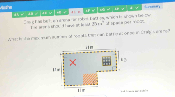 Maths 
4A √ 48 4C 4D 4E × 4F 4G 4H 41 Summary 
Craig has built an arena for robot battles, which is shown below. 
The arena should have at least 25m^2 of space per robot. 
What is the maximum number of robots that can battle at once in Craig's arena? 
Not drawn accurately