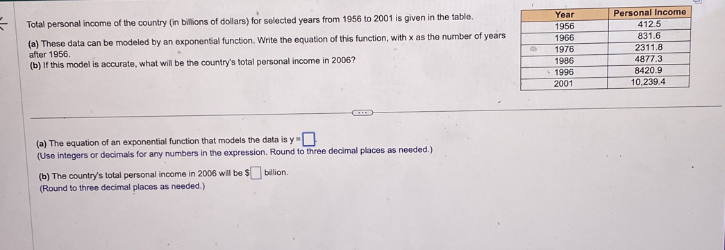 Total personal income of the country (in billions of dollars) for selected years from 1956 to 2001 is given in the table. 
(a) These data can be modeled by an exponential function. Write the equation of this function, with x as the number of years
after 1956. 
(b) If this model is accurate, what will be the country's total personal income in 2006? 
(a) The equation of an exponential function that models the data is y=□. 
(Use integers or decimals for any numbers in the expression. Round to three decimal places as needed.) 
(b) The country's total personal income in 2006 will be $□ billion. 
(Round to three decimal places as needed.)