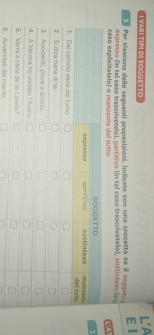 VARI TIPI DI SOGGETTO 
L'A 
E l 
5 Per ciascuna delle seguenti proposizioni, indicate con una crocetta se il soggetto 
espresso (in tal caso trascrivetelo), partitivo (in tal caso trascrivetelo), sottinteso (int 
caso esplicitatelo) o mancante del tutto. LAI 
1 
6. Avvertiteli del ritardo.