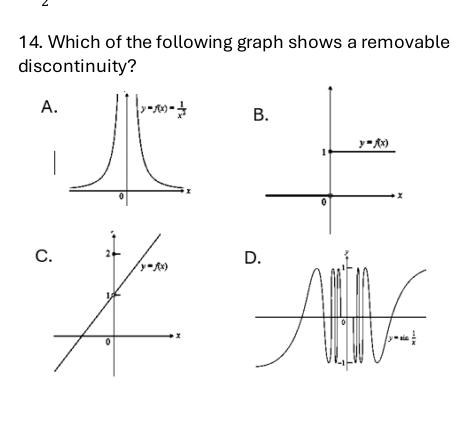 Which of the following graph shows a removable
discontinuity?
A B.
y=f(x)
1
0
×
C