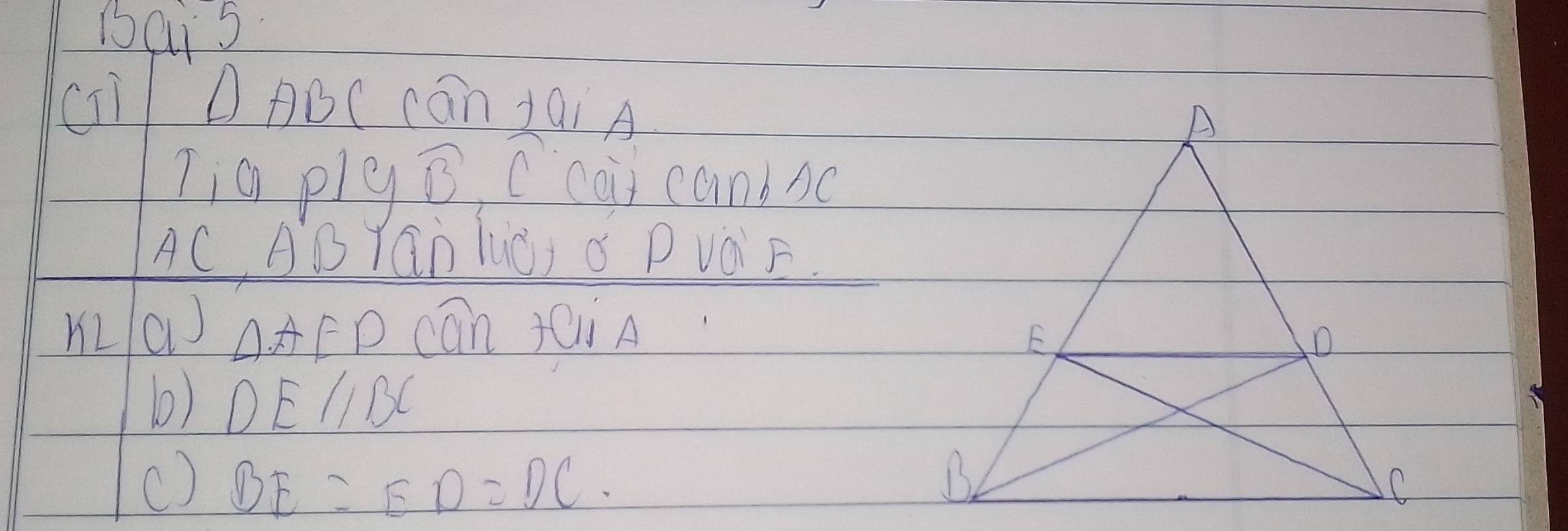 ibcs 
D ABC Cán 1ai A 
Lia plg widehat B c caii canbsc
AC, AB Yan liǒ, ǒ PvQF. 
H( A. AFD cān jiA 
b) DE /BC
() BE=ED=DC