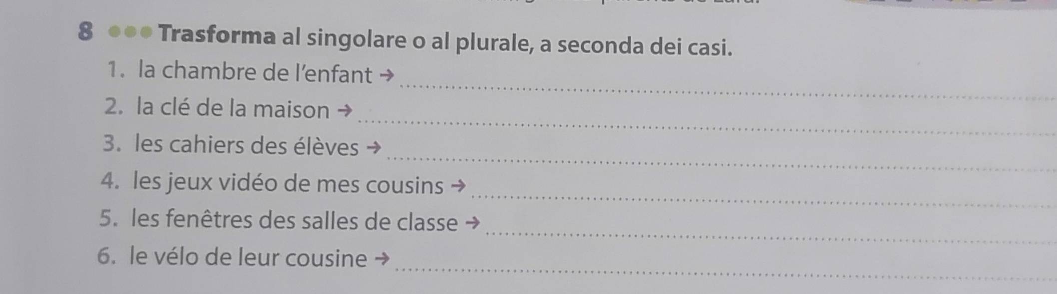 8 ●●● Trasforma al singolare o al plurale, a seconda dei casi. 
_ 
1. la chambre de l’enfant → 
_ 
2. la clé de la maison 
_ 
3. les cahiers des élèves → 
_ 
4. les jeux vidéo de mes cousins 
_ 
5. les fenêtres des salles de classe 
_ 
6. le vélo de leur cousine →