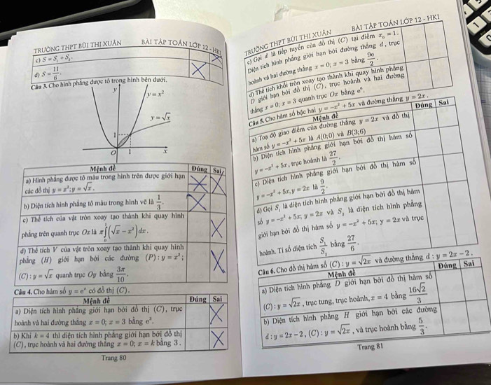 Trường THPT bùi thị XUân Bài Tập TOÁn Lớp 12 - Hk trường thPT bùi thị Xuân   Bài TậP TOÁn LớP 12 - HKI
d。 trục
c) S=S_1+S_2.
c) Gọi # là tiếp tuyển của đồ thị (C) tại điểm x_b=1.
d) S= 11/6 .
hoành và hai đường thắng Diện tích hình phẳng giới hạn bởi đường t
Câu 3. Cho hìnhtổ trong hình bên dưới. bàng  9e/2 .
h Thể tích khổi tròn xoay tạo thành khi quay hình pháng x=0;x=3
D giới hạn bởi đồ thị (C), trục hoành và hai đường
y=-x^2+5x và đường thắng y=2x. Sai
Đúng
Câu 5. Cho hàm số bậc hai zhǎng x=0;x=3 quanh trục Oz bằng e°
a) Toạ độ giao điểm của đường thắng Mệnh đề y=2x và đồ thị
b) Diện tích hình phẳng giới hạn bởi đồ thị hàm số
hàm số y=-x^2+5x là A(0,0) và B(3;6)
Mệnh đề Đúng
a) Hình phẳng được tô màu trong hình trên được giới hạn S_8 y=-x^2+5x , trục hoành là  27/2 .
(c) Diện tích hình phẳng giới hạn bởi đồ thị hàm số
các đồ thị y=x^2;y=sqrt(x).
b) Diện tích hình phẳng tô màu trong hình vẽ là  1/3 .
y=-x^2+5x,y=2x  9/2 .
đà diện tích hình phẳng giới hạn bởi đồ thị hàm
c) Thể tích của vật tròn xoay tạo thành khi quay hình và S_2 là diện tích hình phẳng
d) GolS_1 y=-x^2+5x;y=2x y=-x^2+5x;y=2x
sδ
phẳng trên quanh trục Ox là π ∈tlimits _0^(1(sqrt x)-x^2)dx. và trục
giới hạn bởi đồ thị hàm số
đ) Thê tích V của vật tròn xoay tạo thành khi quay hình bằng  27/6 .
hoành. Ti số diện tích frac S_1S_1
phẳng (H) giới hạn bởi các đường (P):y=x^2;
(C):y=sqrt(x) quanh trục Oy bằng  3π /10 .
y=2x-2.