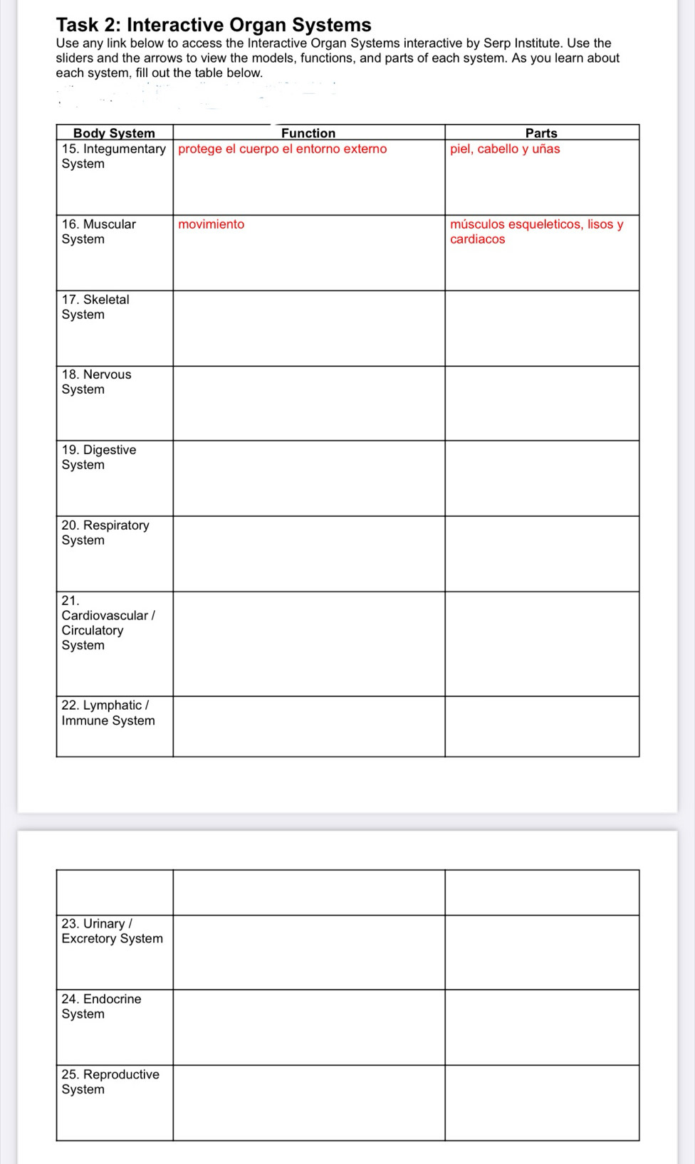 Task 2: Interactive Organ Systems 
Use any link below to access the Interactive Organ Systems interactive by Serp Institute. Use the 
sliders and the arrows to view the models, functions, and parts of each system. As you learn about 
each system, fill out the table below.