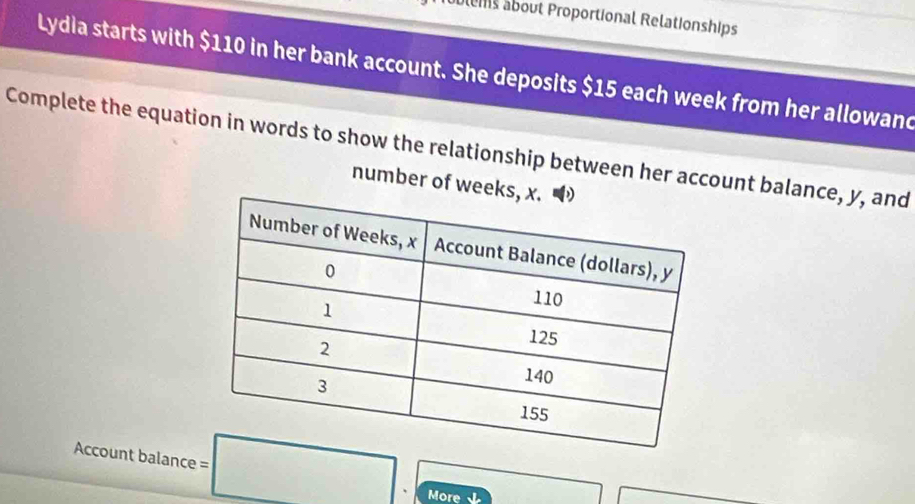 ablems about Proportional Relationships 
Lydia starts with $110 in her bank account. She deposits $15 each week from her allowand 
Complete the equation in words to show the relationship between her account balance, y, and 
number of wee 
Account balance = □ More