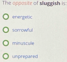 The opposite of sluggish is:
energetic
sorrowful
minuscule
unprepared