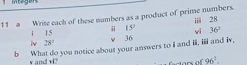 Integers 
11 a Write each of these numbers as a product of prime numbers. 
ii 28
i 15^2
i 15 vi 36^2
iv 28^2
v 36
b What do you notice about your answers to i and ii, iii and iv, 
v and vi? 96^2. 
factors of