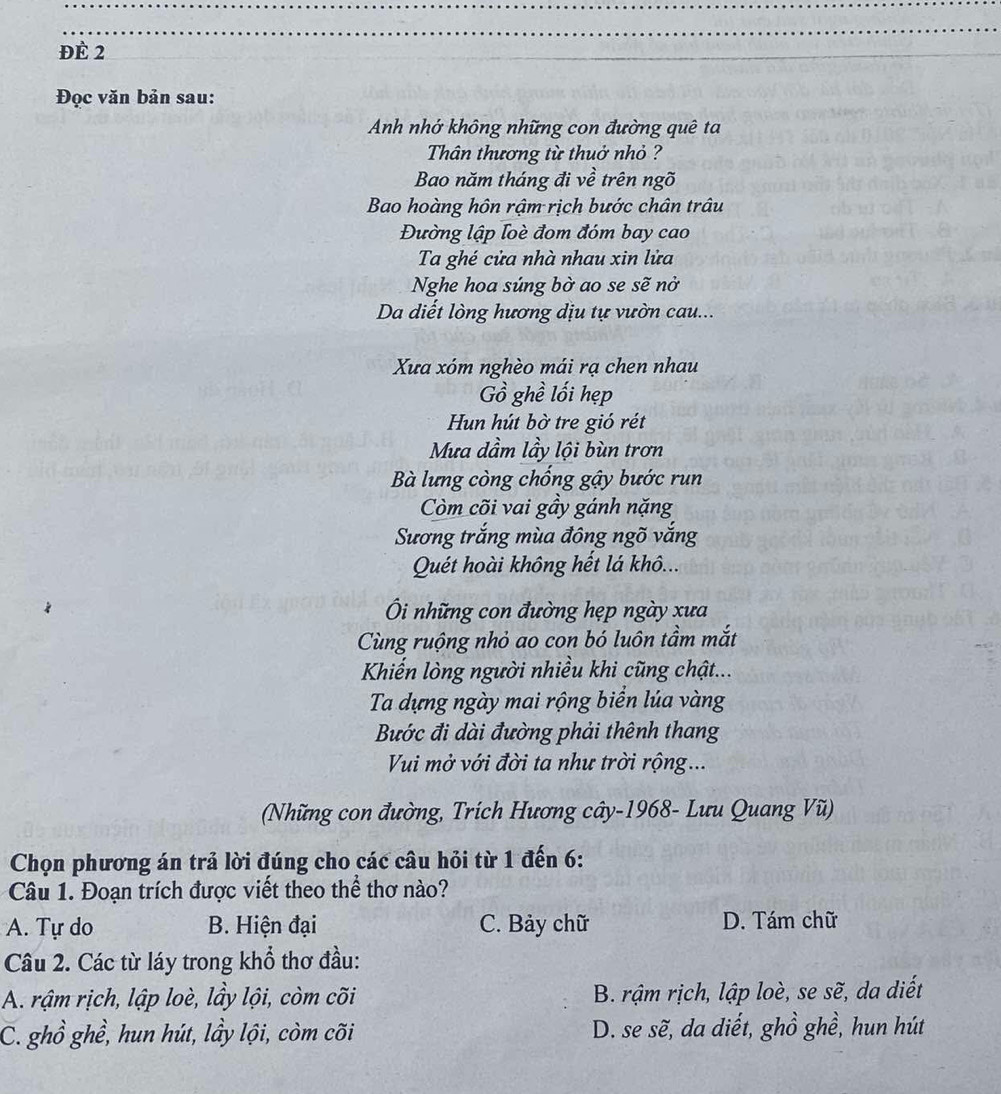 ĐÈ 2
Đọc văn bản sau:
Anh nhớ không những con đường quê ta
Thân thương từ thuở nhỏ ?
Bao năm tháng đi về trên ngõ
Bao hoàng hôn rậm rịch bước chân trâu
Đường lập loè đom đóm bay cao
Ta ghé cửa nhà nhau xin lửa
Nghe hoa súng bờ ao se sẽ nở
Da diết lòng hương dịu tự vườn cau...
Xưa xóm nghèo mái rạ chen nhau
Gồ ghề lối hẹp
Hun hút bờ tre gió rét
Mưa dầm lầy lội bùn trơn
Bà lưng còng chống gậy bước run
Còm cõi vai gầy gánh nặng
Sương trắng mùa đông ngõ vắng
Quét hoài không hết lá khô...
i những con đường hẹp ngày xưa
Cùng ruộng nhỏ ao con bó luôn tầm mắt
Khiến lòng người nhiều khi cũng chật...
Ta dựng ngày mai rộng biển lúa vàng
Bước đi dài đường phải thênh thang
Vi mở với đời ta như trời rộng...
(Những con đường, Trích Hương cây-1968- Lưu Quang Vũ)
Chọn phương án trả lời đúng cho các câu hỏi từ 1 đến 6:
Câu 1. Đoạn trích được viết theo thể thơ nào?
A. Tự do B. Hiện đại C. Bảy chữ D. Tám chữ
Câu 2. Các từ láy trong khổ thơ đầu:
A. rậm rịch, lập loè, lầy lội, còm cõi B. rậm rịch, lập loè, se sẽ, da diết
C. ghồ ghề, hun hút, lầy lội, còm cõi D. se sẽ, da diết, ghồ ghề, hun hút