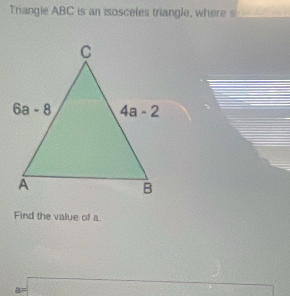 Triangle ABC is an isosceles triangle, where s _____
Find the value of a
a=□ x= 1/2  -3,-2)  1/CF = □ /□  