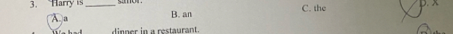 Harry is_ samor p. x
A.)a B. an C. the
dinner in a restaurant.