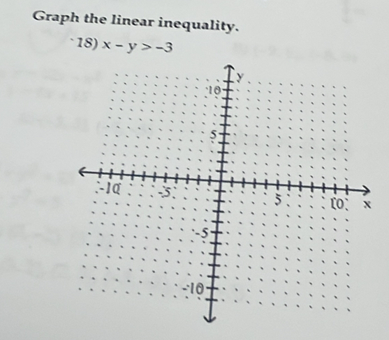 Graph the linear inequality. 
`18) x-y>-3