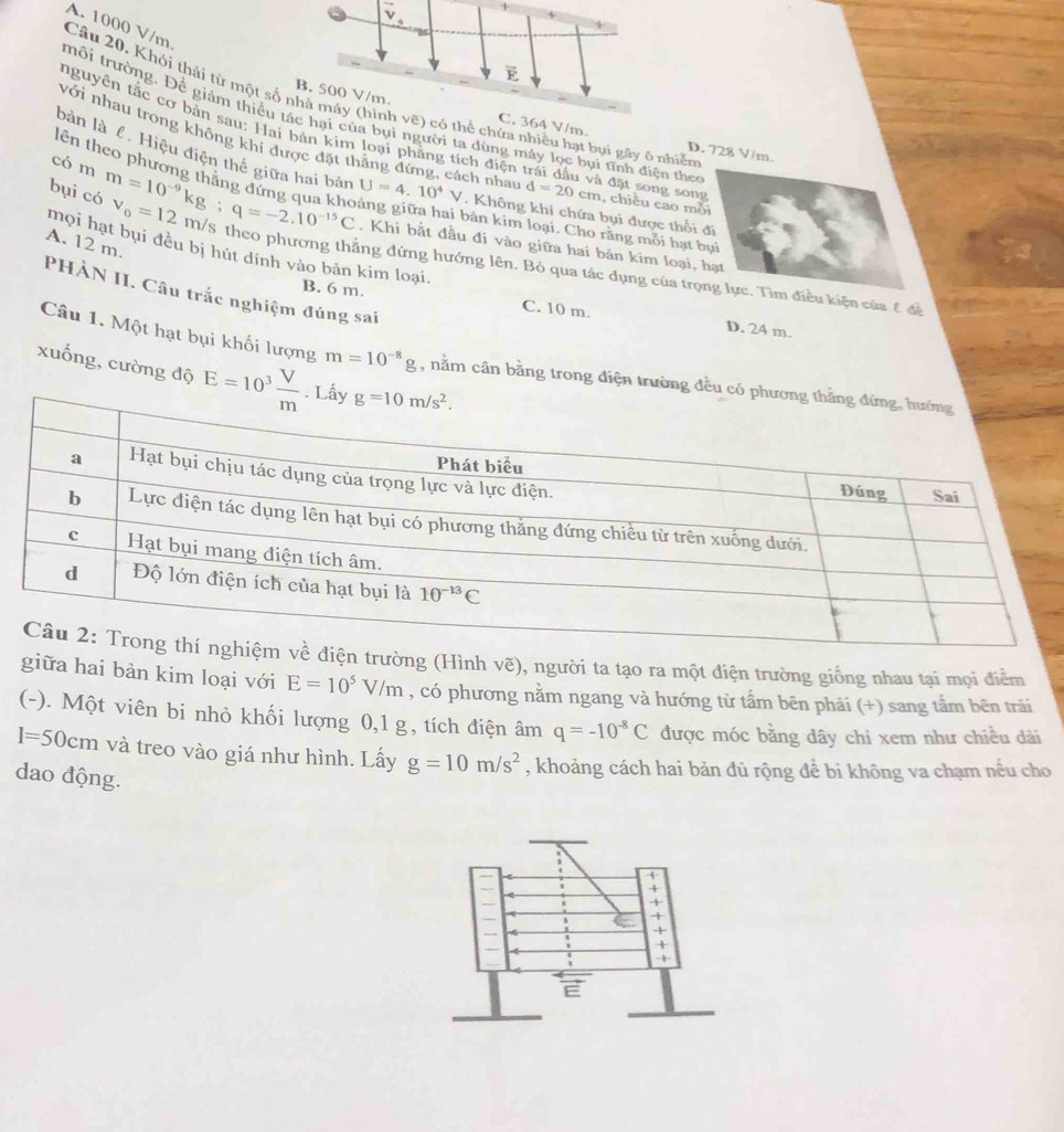 A. 1000 V/m.
E
Câu 20, Khỏi thải từ một số nhà máy (hình vẽ) có thể chứa nhiều hạt bụi gây ô nhiên
B. 500 V/m. C. 364 V/m.
nguyên tắc cơ bản sau: Hai bản kim loại phẳng tích điện
trôi trường. Đề giảm thiều tác hại của bụi người ta dùng máy lọc bụi tĩnh điện the đặt song son
lên the
bản là %. Hiệu điện thể giữa hai bản
D. 728 V/m.
có m
với nhau trong không khí được đặt thắng đứng, cách nhat U=4.10^4. Không khí chứa bụi được thổi
u
d=20cm , chiều cao mỗ
i bản kim loại. Cho rằng mỗi hạt
A. 12 m.
. Khi bắt đầu đi vào giữa hai bản kim loại,
mọi hạt bụi đều bị hút dính vào bản kim loại.
bụi có m=10^(-9)kg;q=-2.10^(-15)C v_0=12 m/s theo phương ẳng đứng hướng lên. Bỏ qua tác dụng của trọkiện của & đề
PHÀN II. Câu trắc nghiệm đúng sai
B. 6 m. C. 10 m. D. 24 m.
Câu 1. Một hạt bụi khối lượng m=10^(-8)g , nằm cân bằng trong điện trường đều có
xuống, cường độ E=10^3 V/m 
điện trường (Hình vẽ), người ta tạo ra một điện trường giống nhau tại mọi điểm
giữa hai bản kim loại với E=10^5V/m , có phương nằm ngang và hướng từ tầm bên phải (+) sang tầm bên trải
(-). Một viên bi nhỏ khối lượng 0,1 g, tích điện âm q=-10^(-8)C được móc bằng dây chi xem như chiều dài
l=50cm và treo vào giá như hình. Lấy g=10m/s^2 , khoảng cách hai bản đủ rộng để bi không va chạm nều cho
dao động.