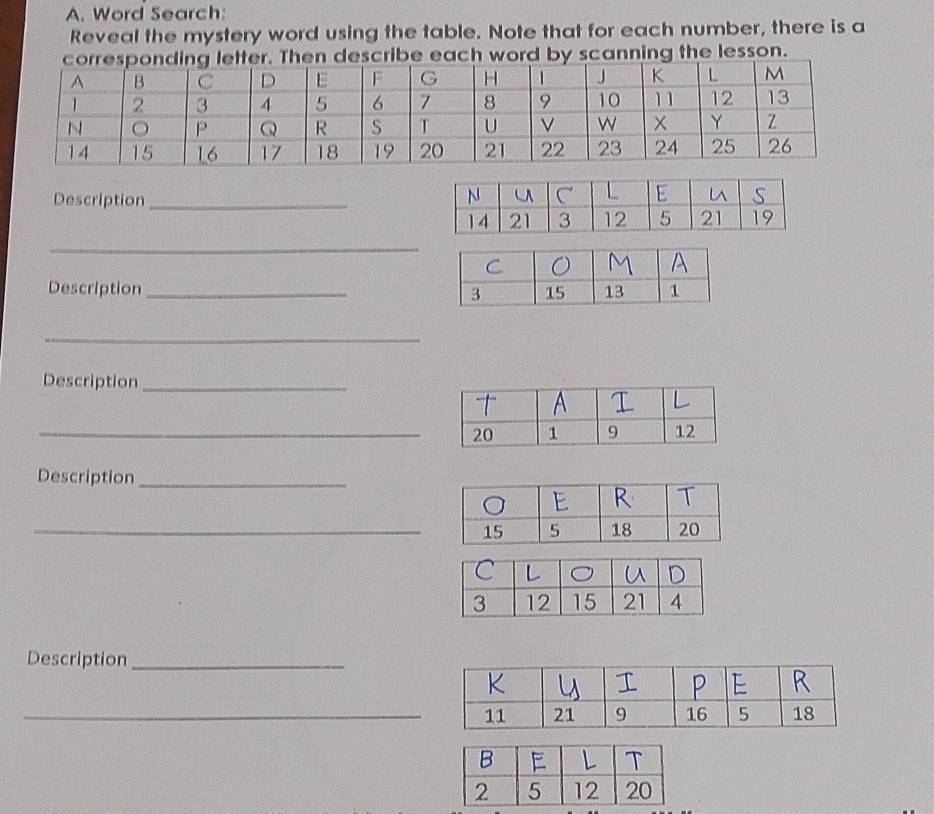 Word Search: 
Reveal the mystery word using the table. Note that for each number, there is a 
r. Then describe each word by scanning the lesson. 
Description_ 
_ 
Description _ 
_ 
Description_ 
_ 
Description_ 
_ 
Description_ 
_