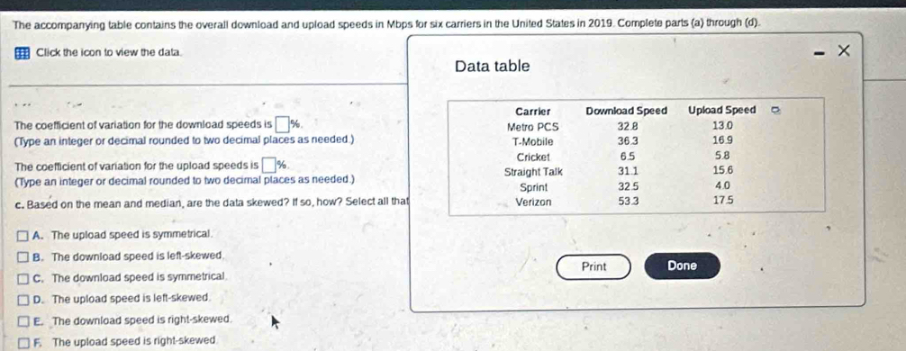 The accompanying table contains the overall download and upload speeds in Mbps for six carriers in the United States in 2019. Complete parts (a) through (d).
Click the icon to view the data.
Data table
The coefficient of variation for the download speeds is □ % , 
(Type an integer or decimal rounded to two decimal places as needed.)
The coefficient of variation for the upload speeds is □ %
(Type an integer or decimal rounded to two decimal places as needed.)
c. Based on the mean and median, are the data skewed? If so, how? Select all that
A. The upload speed is symmetrical
B. The download speed is left-skewed Done
Print
C. The download speed is symmetrical
D. The upload speed is left-skewed.
E. The download speed is right-skewed.
F. The upload speed is right-skewed.