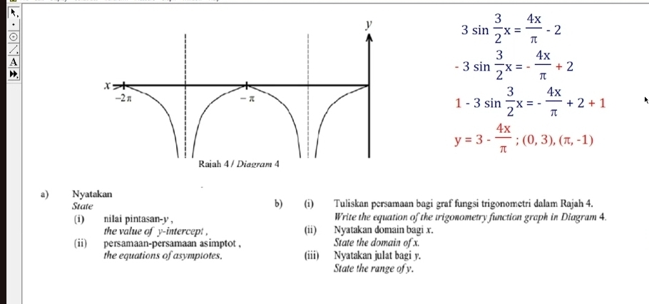 ⊙
3sin  3/2 x= 4x/π  -2
/ 
A

-3sin  3/2 x=- 4x/π  +2
1-3sin  3/2 x=- 4x/π  +2+1
y=3- 4x/π  ; (0,3), (π ,-1)
a Nyatakan 
State b) (i) Tuliskan persamaan bagi graf fungsi trigonometri dalam Rajah 4. 
(i) nilai pintasan- y, Write the equation of the trigonometry function graph in Diagram 4. 
the value of y-intercept . (ii) Nyatakan domain bagi x. 
(ii) persamaan-persamaan asimptot , State the domain of x. 
the equations of asymptotes. (iii) Nyatakan julat bagi y. 
State the range ofy.