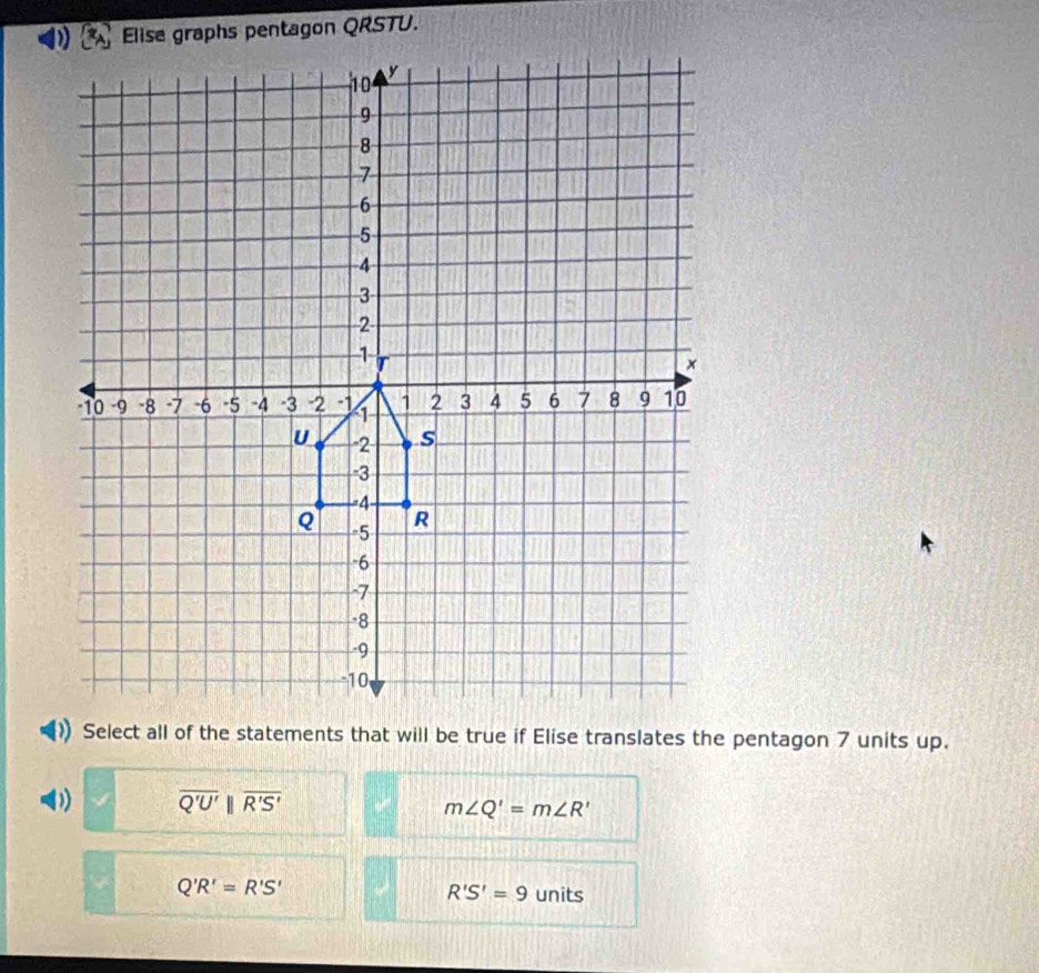 Elise graphs pentagon QRSTU.
Select all of the statements that will be true if Elise translates the pentagon 7 units up.
overline Q'U'parallel overline R'S'
m∠ Q'=m∠ R'
Q'R'=R'S'
R'S'=9 units