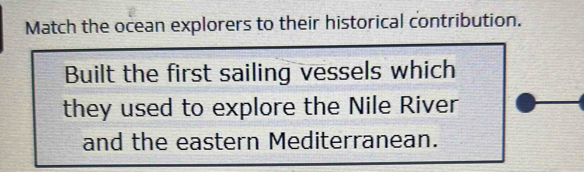 Match the ocean explorers to their historical contribution. 
Built the first sailing vessels which 
they used to explore the Nile River 
and the eastern Mediterranean.