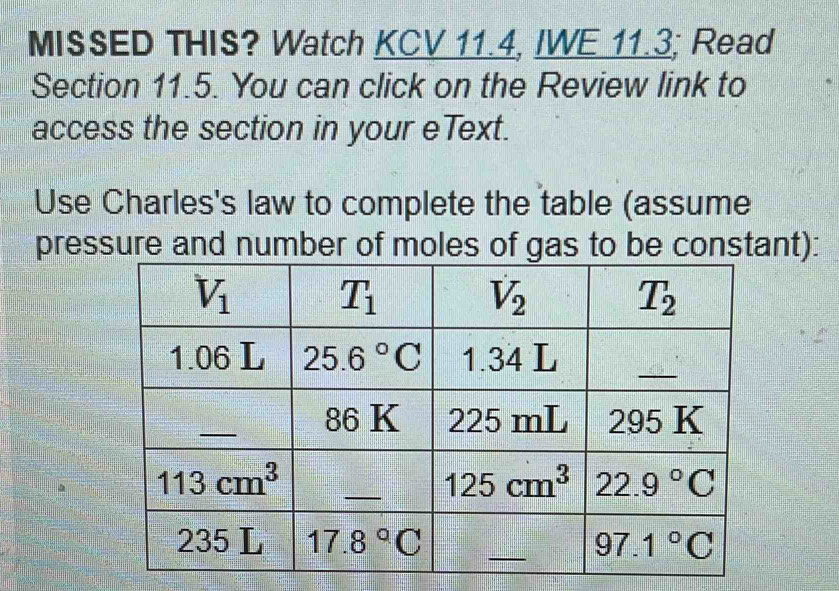 MISSED THIS? Watch KCV 11.4, IWE 11.3; Read
Section 11.5. You can click on the Review link to
access the section in your eText.
Use Charles's law to complete the table (assume
pressure and number of moles of gas to be constant):