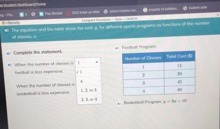 m/student/dashboard/home
a Play Blooket 2022 break up letter Jahns Haplans Uni propertly of adsition... Custom pale
χ
i-Ready Compare Functions — Quiz — Level H
4 The equation and the table show the cost, y, for different sports programs as functions of the number
of classes, æ.
< Complete the statement. # Football Program:
€ When the number of classes is  1
football is less expensive. √ 1
When the number of classes is 4
basketball is less expensive. 1. 2. or 3
2, 3. or 4 @ Basketball Program: y=9x+10