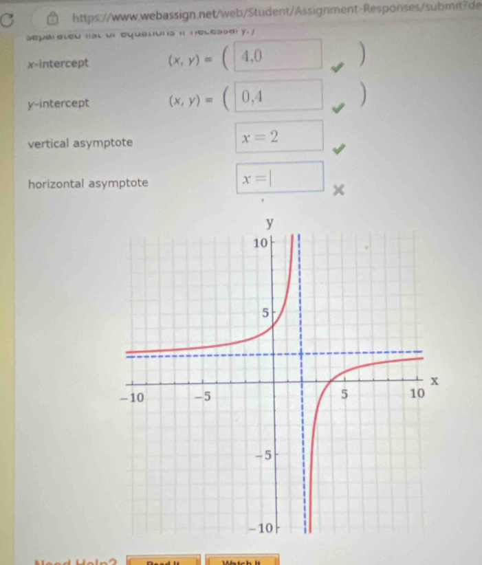 eper elew h al vr eque to s i r eleaser y. /
(x,y)=(
x-intercept 4,0 )
y-intercept
(x,y)= U, 
vertical asymptote
x=2
horizontal asymptote
x=|
×