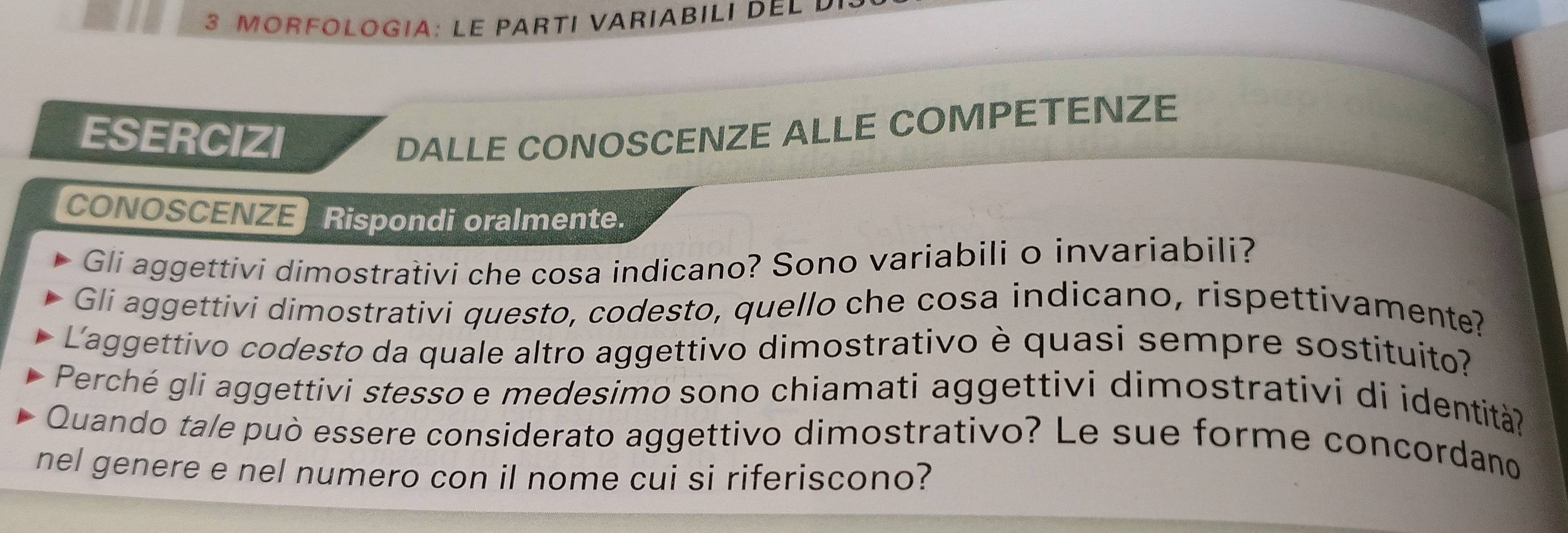 ESERCIZI 
DALLE CONOSCENZE ALLE COMPETENZE 
CONOSCENZE Rispondi oralmente. 
Gli aggettivi dimostrativi che cosa indicano? Sono variabili o invariabili? 
Gli aggettivi dimostrativi questo, codesto, quello che cosa indicano, rispettivamente? 
L'aggettivo codesto da quale altro aggettivo dimostrativo è quasi sempre sostituito? 
Perché gli aggettivi stesso e medesimo sono chiamati aggettivi dimostrativi di identità? 
Quando tale può essere considerato aggettivo dimostrativo? Le sue forme concordano 
nel genere e nel numero con il nome cui si riferiscono?