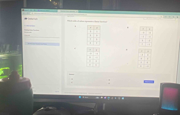 Dellta Much Which table of values represents a linear function?
A
* B 
F ling L Fato
Gmm
=t fm _ h
c
D
+ 
Anwes
A
B
C
D