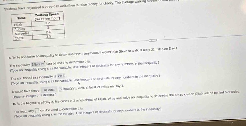 Students have organized a three-day walkathon to raise money for charity. The average walking speeds of t 
a. Write and solve an inequality to determine how many hours it would take Steve to walk at least 21 miles on Day 1. 
The inequality 3.5x≥ 21 can be used to determine this. 
(Type an inequality using x as the variable. Use integers or decimals for any numbers in the inequality.) 
The solution of this inequality is x≥ 6. 
(Type an inequality using x as the variable. Use integers or decimals for any numbers in the inequality.) 
It would take Steve at least 6 6 hour(s) to walk at least 21 miles on Day 1. 
(Type an integer or a decimal.) 
b. At the beginning of Day 2, Mercedes is 2 miles ahead of Elijah. Write and solve an inequality to determine the hours x when Elijah will be behind Mercedes 
The inequality □ can be used to determine this. 
(Type an inequality using x as the variable. Use integers or decimals for any numbers in the inequality.)