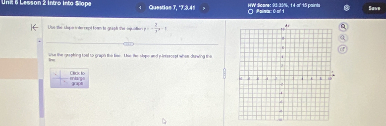 Lesson 2 Intro into Slope Question 7, *7.3.41 HW Score: 93.33%, 14 of 15 points Save 
Points: 0 of 1 
Use the slope-intercept form to graph the equation y=- 2/7 x-1

line Use the graphing tool to graph the line. Use the slope and y-intercept when drawing the 
Click to 
enlarge 
graph