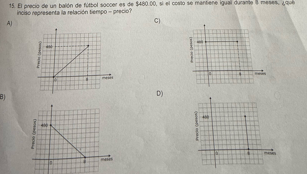 El precio de un balón de fútbol soccer es de $480.00, si el costo se mantiene igual durante 8 meses, ¿que
inciso representa la relación tiempo - precio?
A)
C)
480
0 8 meses
B)
D)