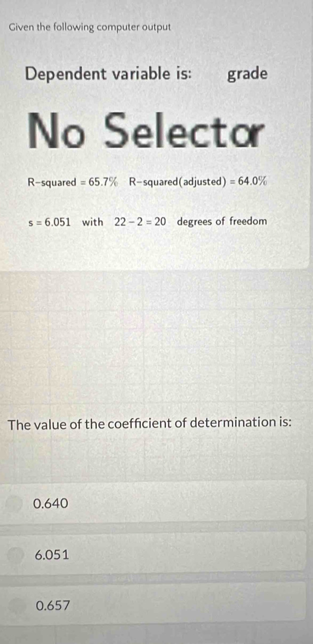 Given the following computer output
Dependent variable is: grade
No Selector
R-squared =65.7% R-squared(adjusted) =64.0%
s=6.051 with 22-2=20 degrees of freedom
The value of the coeffcient of determination is:
0.640
6.051
0.657