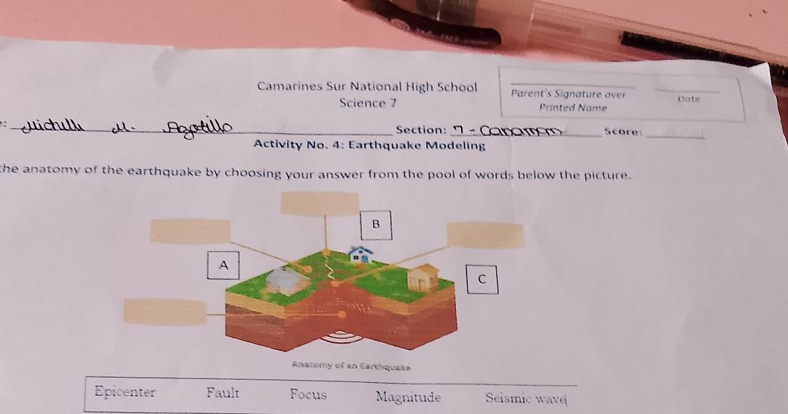 Camarines Sur National High School Parent's Signature over _Date
Science 7 Printed Name
_
Section:_ Scoret_
Activity No. 4: Earthquake Modeling
the anatomy of the earthquake by choosing your answer from the pool of words below the picture.
Anatomy of an Earthquake
Epicenter Fault Focus Magnitude Seismic wave