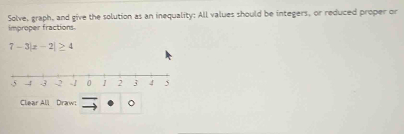 Solve, graph, and give the solution as an inequality: All values should be integers, or reduced proper or 
improper fractions.
7-3|x-2|≥ 4
Clear All Draw: