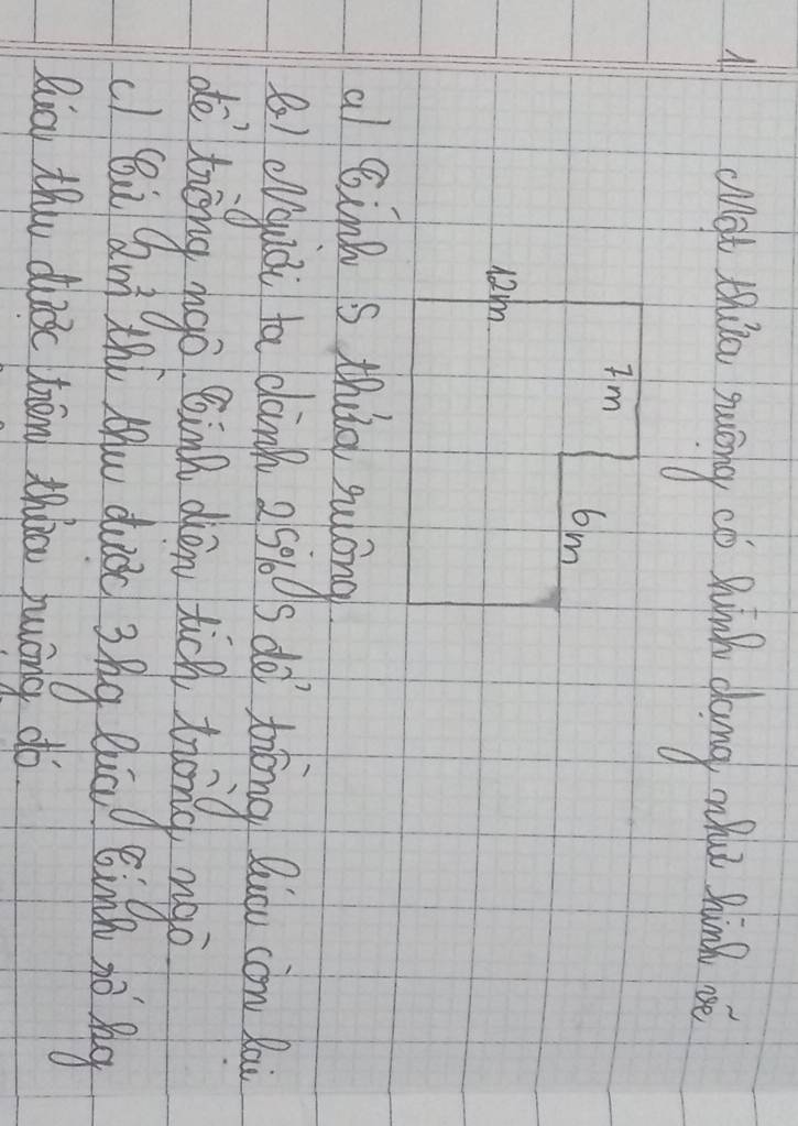 All olelt thio sundy co fu ito dong w thintd è
Im
6m
al Bine s thuo suāng
B) ongiǒi ta bàingh 2pb do toōng Quioy con lài
dè biòng mgo qainh dān tich tong ago
c) Qu 2m^2 an Mw duidk 3hg Quc Bunth xo bg
Qua the dluǒc hrān thio huóng dó