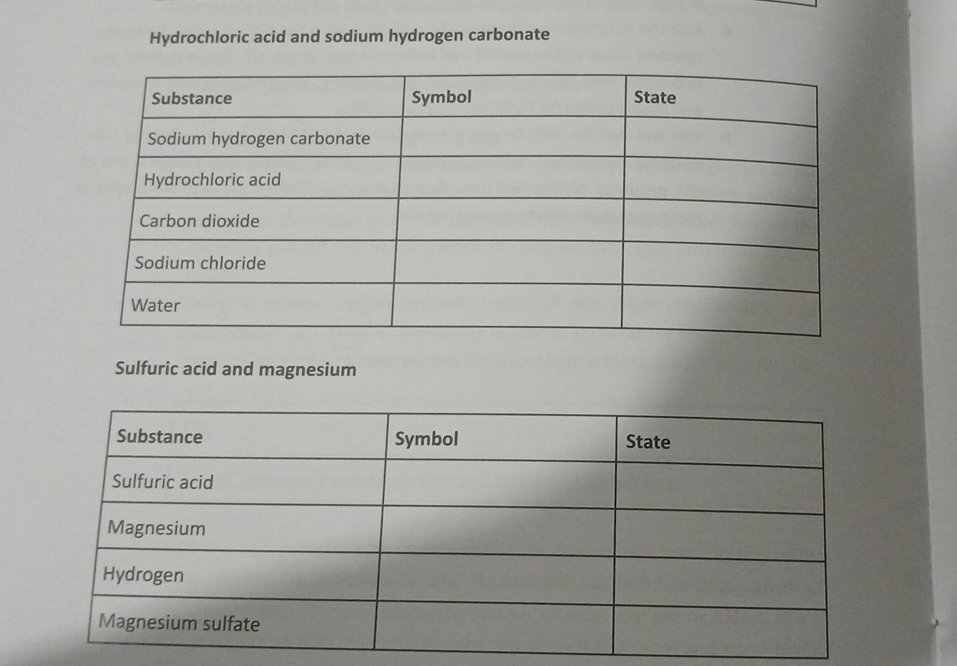 Hydrochloric acid and sodium hydrogen carbonate 
Sulfuric acid and magnesium