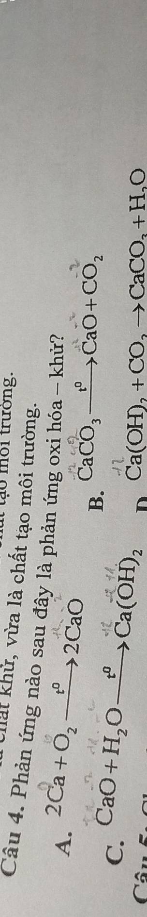 moi trưởng.
lất khử, vừa là chất tạo môi trường.
Câu 4. Phản ứng nào sau đây là phản ứng oxi hóa - khử?
A. 2Ca+O, →→2CaO
C. CaO+H_2Oxrightarrow t^0Ca(OH)_2
B. CaCO_3xrightarrow t^0CaO+CO_2
(
n Ca(OH)_2+CO_2to CaCO_3+H_2O