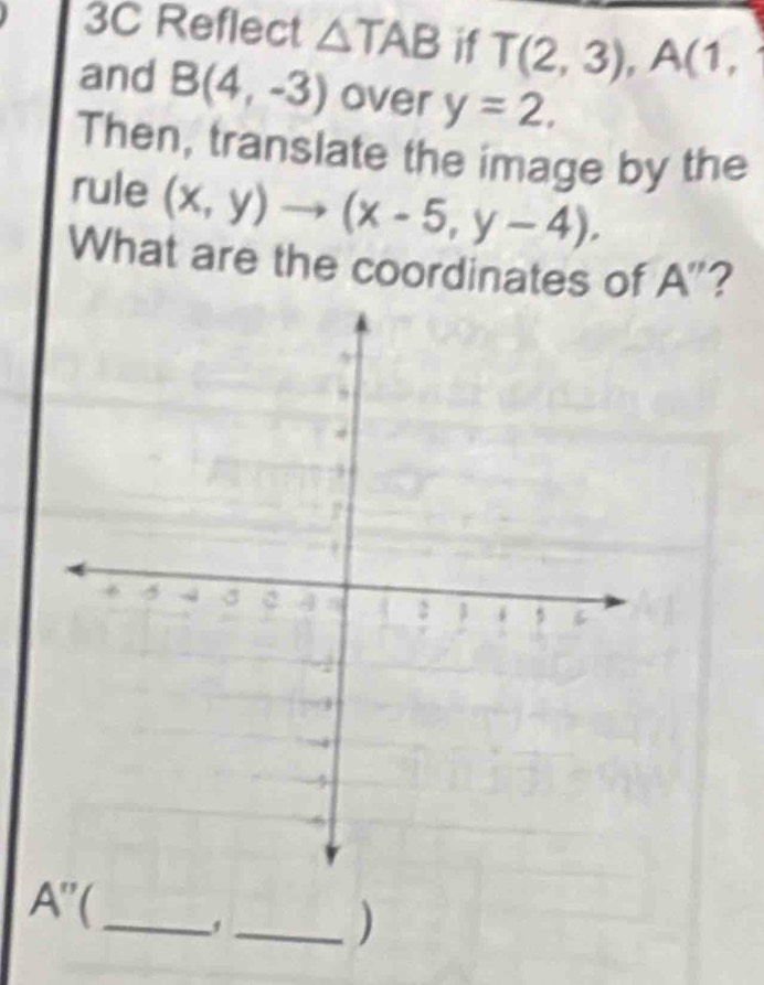 3C Reflect △ TAB if T(2,3), A(1, 
and B(4,-3) over y=2. 
Then, translate the image by the 
rule (x,y)to (x-5,y-4). 
What are the coordinates of A"?
A''(
_, 
_)