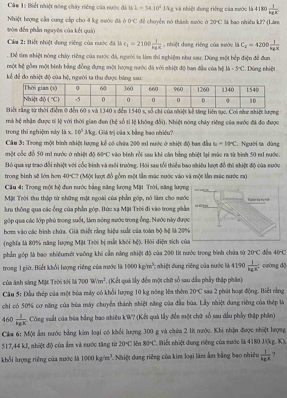 Biết nhiệt nóng chảy riêng của nước đá lalambda =34.10^4 J/kg và nhiệt dung riêng của nước I hat a 4180 J/kg.K .
Nhiệt lượng cần cung cấp cho 4 kg nước đá ở 0°C đềể chuyền nó thành nước ở 20°C là bao nhiêu kJ? (Làm
tròn đến phần nguyên của kết quả)
Câu 2: Biết nhiệt dung riêng của nước đá là c_1=2100 J/kg.K  , nhiệt dung riêng của nước là C_2=4200 J/kg.K . Để tìm nhiệt nóng chảy riêng của nước đá, người ta làm thí nghiệm như sau: Dùng một bếp điện để đun
một hệ gồm một bình bằng đồng đựng một lượng nước đá với nhiệt độ ban đầu của hệ là -5°C 2. Dùng nhiệt
kể để đo nhiệt độ của hệ, người ta thu được bảng sau:
Biết rằng từ thời điểm 0 đến 60 s và 1340 s đến 1540 s, số chi của nhiệt kế tăng liên tục. Coi như nhiệt lượng
mà hệ nhận được tỉ lệ với thời gian đun (hệ số tỉ lệ không đổi). Nhiệt nóng chảy riêng của nước đá đo được
trong thí nghiệm này là x. 10^5J/k g. Giá trị của x bằng bao nhiêu?
Câu 3: Trong một bình nhiệt lượng kế có chứa 200 ml nước ở nhiệt độ ban đầu t_0=10°C. Người ta dùng
một cốc đổ 50 m1 nước ở nhiệt độ 60°C vào bình rồi sau khi cân bằng nhiệt lại múc ra từ bình 50 ml nước.
Bỏ qua sự trao đổi nhiệt với cốc bình và môi trường. Hỏi sau tối thiều bao nhiêu lượt đổ thì nhiệt độ của nước
trong bình sẽ lớn hơn 40°C 2? (Một lượt đồ gồm một lần múc nước vào và một lần múc nước ra)
Câu 4: Trong một hệ đun nước bằng năng lượng Mặt Trời, năng lượn
Mặt Trời thu thập từ những mặt ngoài của phần góp, nó làm cho nướ
lưu thông qua các ống của phần góp. Bức xạ Mặt Trời đi vào trong phầ
góp qua các lớp phủ trong suốt, làm nóng nước trong ống. Nước này đượ
bơm vào các bình chứa. Giả thiết rằng hiệu suất của toàn bộ hệ là 20
(nghĩa là 80% năng lượng Mặt Trời bị mất khỏi hệ). Hỏi diện tích của
phần góp là bao nhiêumét vuông khi cần nâng nhiệt độ của 200 lít nước trong bình chứa từ 20°C đến 40°C
trong 1 giờ. Biết khối lượng riêng của nước là 1000kg/m^3; nhiệt dung riêng của nước là 4190 J/kg.K ; cường độ
của ánh sáng Mặt Trời tới là 700W/m^2. (Kết quả lấy đến một chữ số sau dấu phầy thập phân)
Câầu 5: Đầu thép của một búa máy có khối lượng 10 kg nóng lên thêm 20°C sau 2 phút hoạt động. Biết rằng
chỉ có 50% cơ năng của búa máy chuyển thành nhiệt năng của đầu búa. Lấy nhiệt dung riêng của thép là
460 J/kg.K  4. Công suất của búa bằng bao nhiêu kW? (Kết quả lấy đến một chữ số sau dấu phầy thập phân)
Câu 6: Một ấm nước bằng kim loại có khối lượng 300 g và chứa 2 lít nước. Khi nhận được nhiệt lượng
517,44 kJ, nhiệt độ của ấm và nước tăng từ 20°C lên 80°C 2. Biết nhiệt dung riêng của nước là 4180 J/(kg.K),
khối lượng riêng của nước là 1000kg/m^3 T. Nhiệt dung riêng của kim loại làm ấm bằng bao nhiêu  J/kg.K  ?