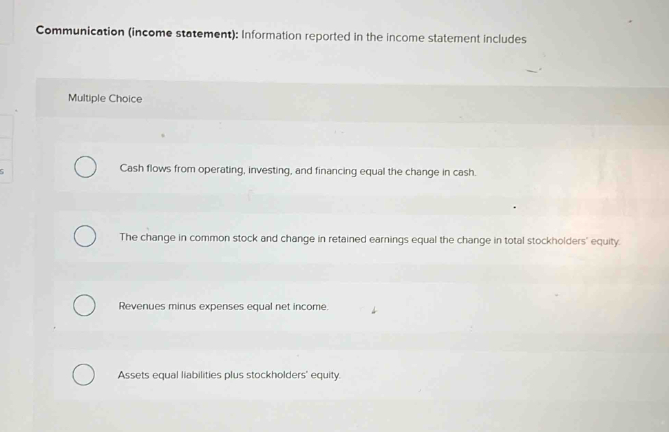 Communication (income statement): Information reported in the income statement includes
Multiple Choice
Cash flows from operating, investing, and financing equal the change in cash.
The change in common stock and change in retained earnings equal the change in total stockholders' equity.
Revenues minus expenses equal net income.
Assets equal liabilities plus stockholders' equity.