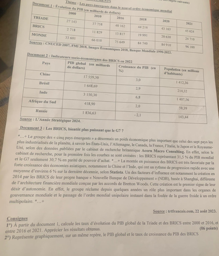 des s üjets suivants)
Thème : 
Document 3 : Les BRICS, bientôt plus puissant que le G7 ?
*...+ Le groupe des « cinq pays émergents » a désormais un poids économique plus important que celui des sept pays les
plus industrialisés de la planète, à savoir les États-Unis, l'Allemagne, le Canada, la France, l'Italie, le Japon et le Royaume-
Uni, selon des données publiées par le cabinet de recherche britannique Acorn Macro Consulting. En effet, selon le
cabinet de recherche, pour la première fois les courbes se sont croisées : les BRICS représentant 31,5 % du PIB mondial
et le G7 seulement 30,7 % en parité de pouvoir d'achat. *…+ La montée en puissance des BRICS est très favorisée par la
forte croissance des économies asiatiques, notamment la Chine et l’Inde, qui ont un rythme de progression rapide avec une
moyenne d’environ 6 % sur la dernière décennie, selon Statista. Un des facteurs d'influence est notamment la création en
2014 par les BRICS de leur propre banque « Nouvelle Banque de Développement » (NDB), basée à Shanghai, différente
de l'architecture financière mondiale conçue par les accords de Bretton Woods. Cette création est le premier signe de leur
désir d'autonomie. En effet, le groupe réclame depuis quelques années un rôle plus important dans les organes de
gouvernance mondiale et le passage de l'ordre mondial unipolaire instauré dans la foulée de la guerre froide à un ordre
multipolaire. *…+
Source : trtfrancais.com, 22 août 2023.
Consignes
1°) À partir du document 1, calcule les taux d’évolution du PIB global de la Triade et des BRICS entre 2000 et 2016, et
entre 2016 et 2021. Apprécier les résultats obtenus. (06 points)
2°) Représente graphiquement, sur un même repère, le PIB global et le taux de croissance du PIB des BRICS