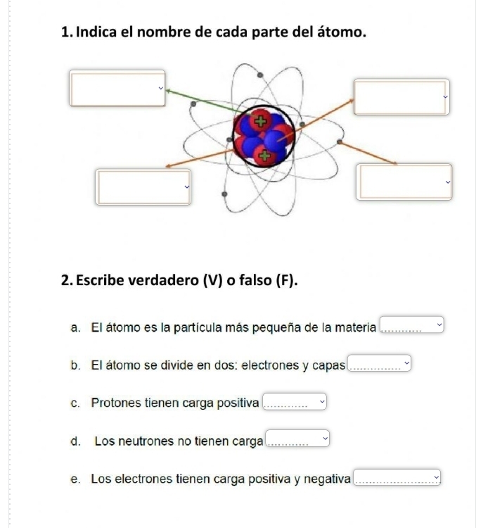 Indica el nombre de cada parte del átomo. 
2. Escribe verdadero (V) o falso (F). 
a. El átomo es la partícula más pequeña de la materia_ 
b. El átomo se divide en dos: electrones y capas_ 
c. Protones tienen carga positiva_ 
d. Los neutrones no tienen carga_ 
e. Los electrones tienen carga positiva y negativa_