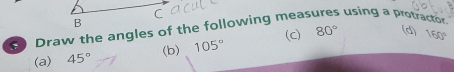 using a protractor.
(c) 80°
(d) 160°
(b) 105°
(a) 45°