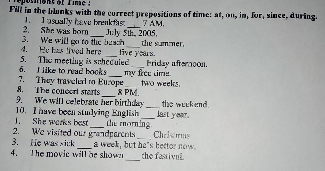 Solved: Trépositions of Time : Fill in the blanks with the correct ...