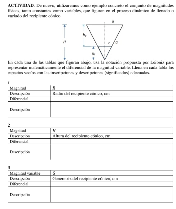 ACTIVIDAD. De nuevo, utilizaremos como ejemplo concreto el conjunto de magnitudes
físicas, tanto constantes como variables, que figuran en el proceso dinámico de llenado o
vaciado del recipiente cónico.
H
En cada una de las tablas que figuran abajo, usa la notación propuesta por Leibniz para
representar matemáticamente el diferencial de la magnitud variable. Llena en cada tabla los
espacios vacíos con las inscripciones y descripciones (significados) adecuadas.