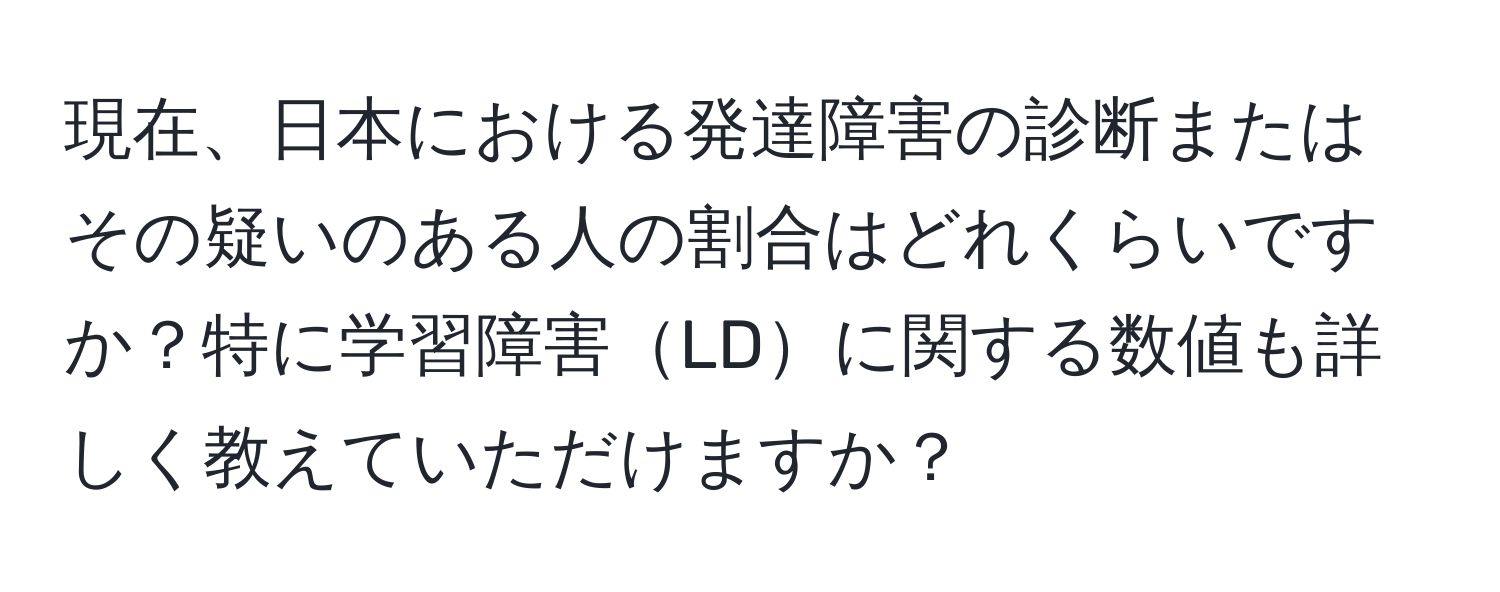 現在、日本における発達障害の診断またはその疑いのある人の割合はどれくらいですか？特に学習障害LDに関する数値も詳しく教えていただけますか？