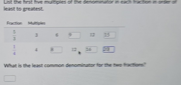 List the first five multiples of the defominator in each fracton in orfer of
least to greatest.
What is the least common denominator for the two fractions?