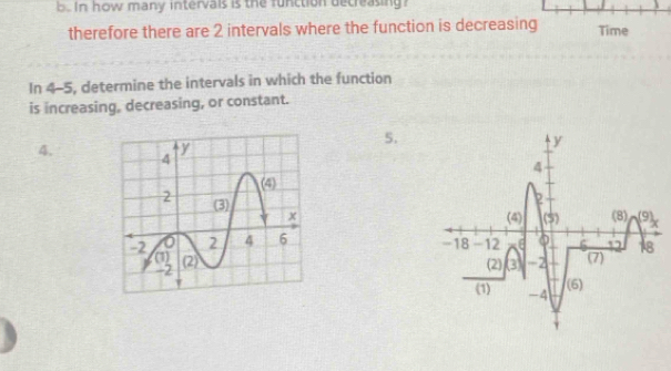 In how many intervais is the function decreasing? 
therefore there are 2 intervals where the function is decreasing Time 
In 4-5, determine the intervals in which the function 
is increasing, decreasing, or constant. 
5. 
4.