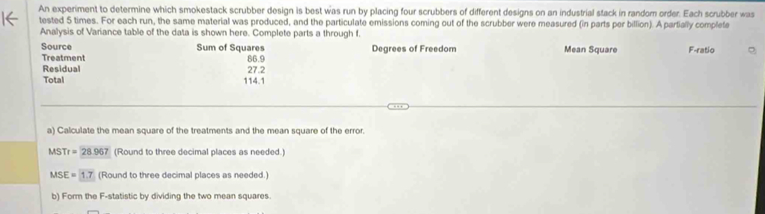 An experiment to determine which smokestack scrubber design is best was run by placing four scrubbers of different designs on an industrial stack in random order. Each scrubber was 
tested 5 times. For each run, the same material was produced, and the particulate emissions coming out of the scrubber were measured (in parts per billion). A partially complete 
Analysis of Variance table of the data is shown here. Complete parts a through f. 
Source Sum of Squares Degrees of Freedom Mean Square F -ratio 
Treatment 86.9
Residual 27.2
Total 114.1
a) Calculate the mean square of the treatments and the mean square of the error.
MSTr=28.967 (Round to three decimal places as needed.)
MSE=1.7 (Round to three decimal places as needed. 
b) Form the F -statistic by dividing the two mean squares.